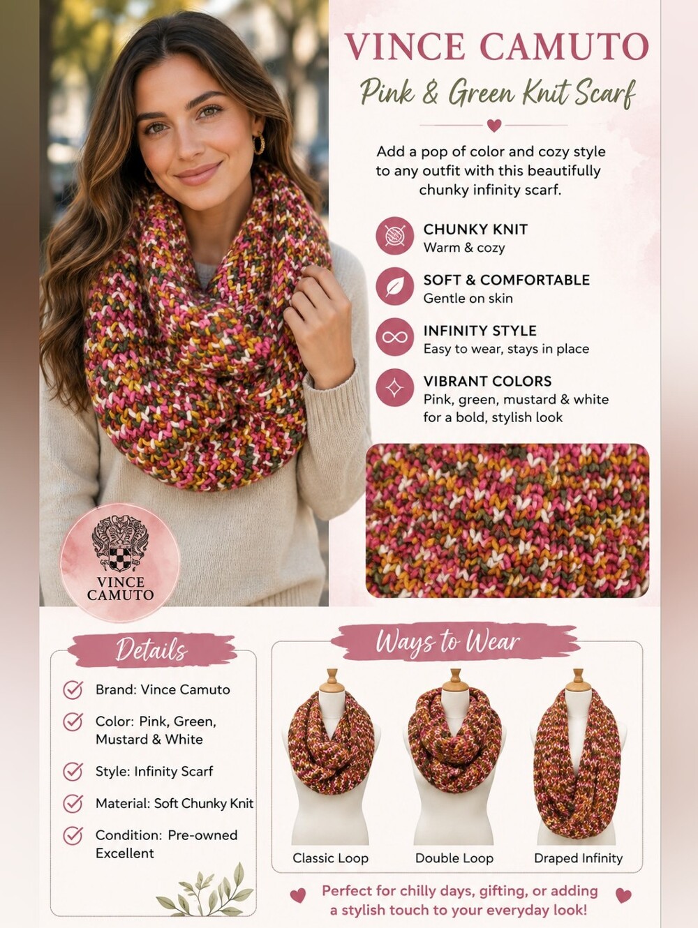 Vince Camuto Pink and Green Knit Scarf